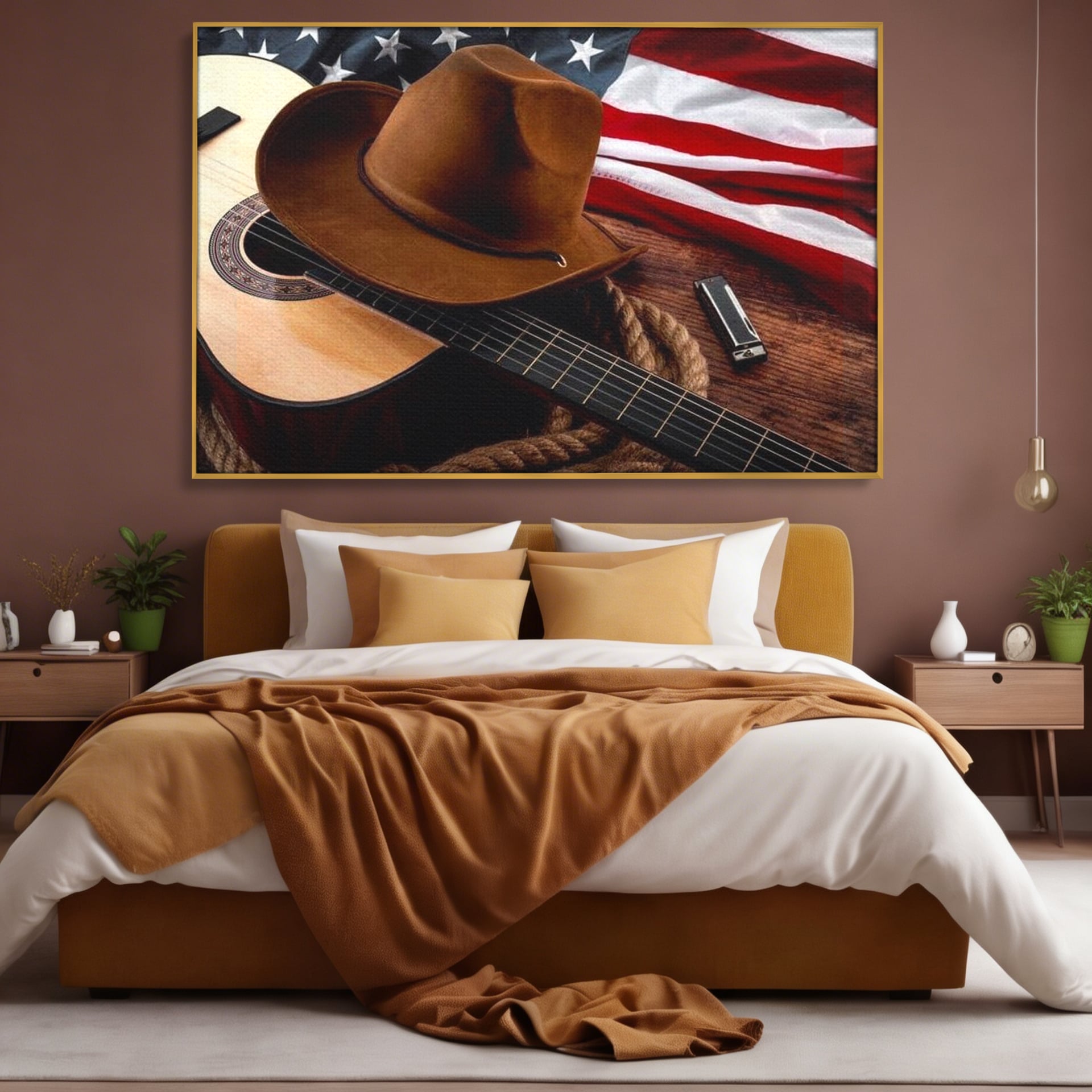 Tablou canvas cu tablou canvas cu palarie, chitara si drapel american, in rama de aluminiu auriu, pe perete intr-un dormitor